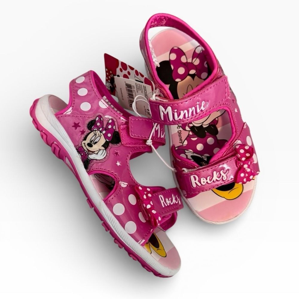 NWT New DISNEY Minnie Mouse Logo Pink White Bow Velcro Sandals Girls 12